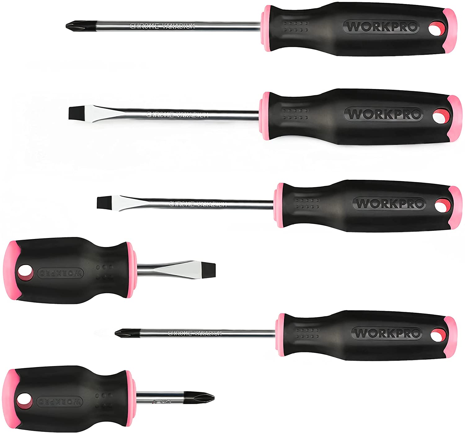 WORKPRO magnetic screwdriver set of six, black handles with pink rings and mixed tips