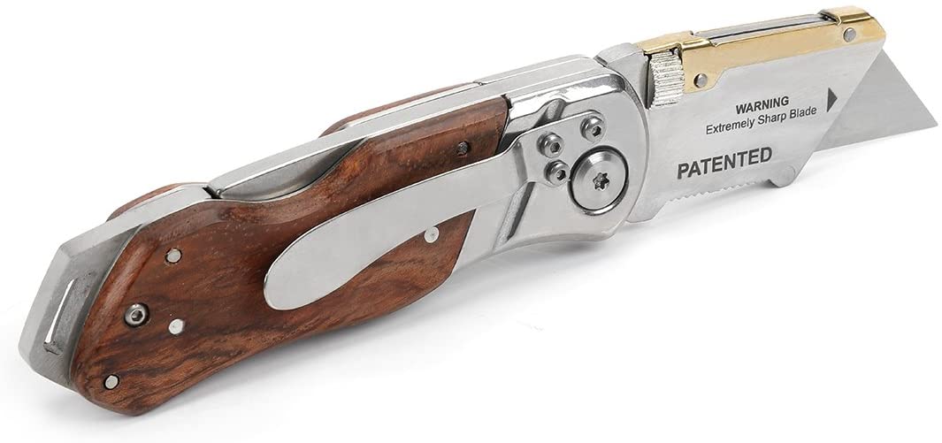 Folding utility knife with brown wood handle and extended blade, locking mechanism.