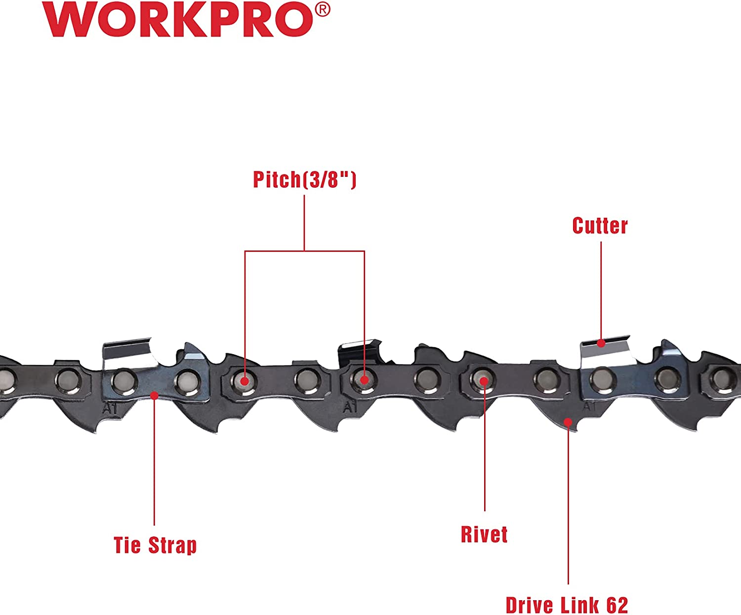 Chainsaw chain, 3/8 in pitch with tie strap, rivet, and drive link details