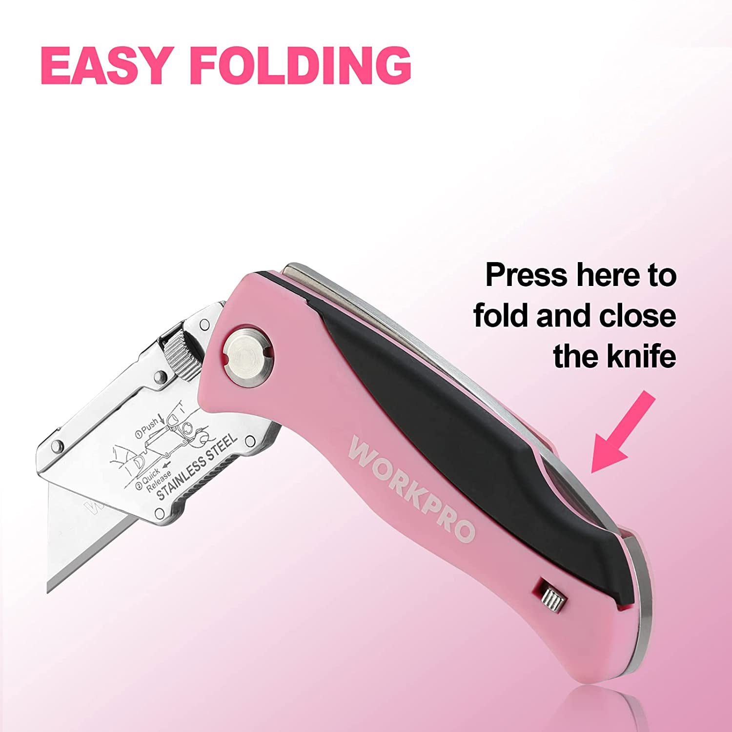 Pink folding utility knife with fold-and-close action, blade tucked in