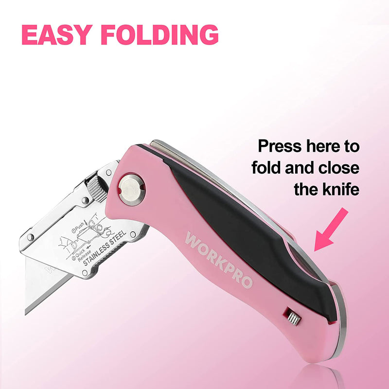 WORKPRO Folding Utility Knife, Quick Change Box Cutter, Pink Razor Knife - Pink Ribbon