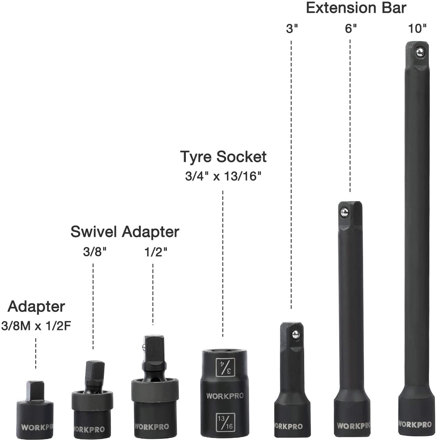 WORKPRO 1/2in impact socket set parts: swivel adapter, extension bars, tyre socket