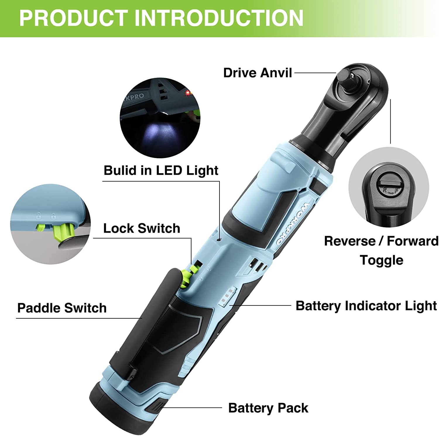 Cordless electric ratchet wrench with LED, battery indicator, and forward/reverse toggle
