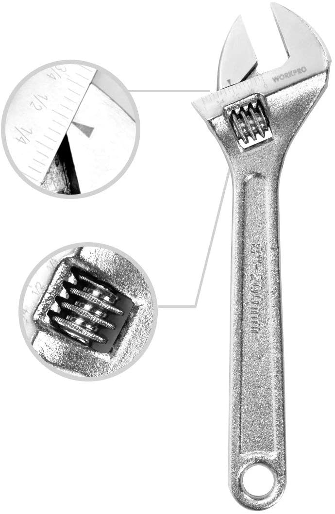 WORKPRO 4 Pcs adjustable wrench set in chrome plated steel with quality innovation, durable secure grip
