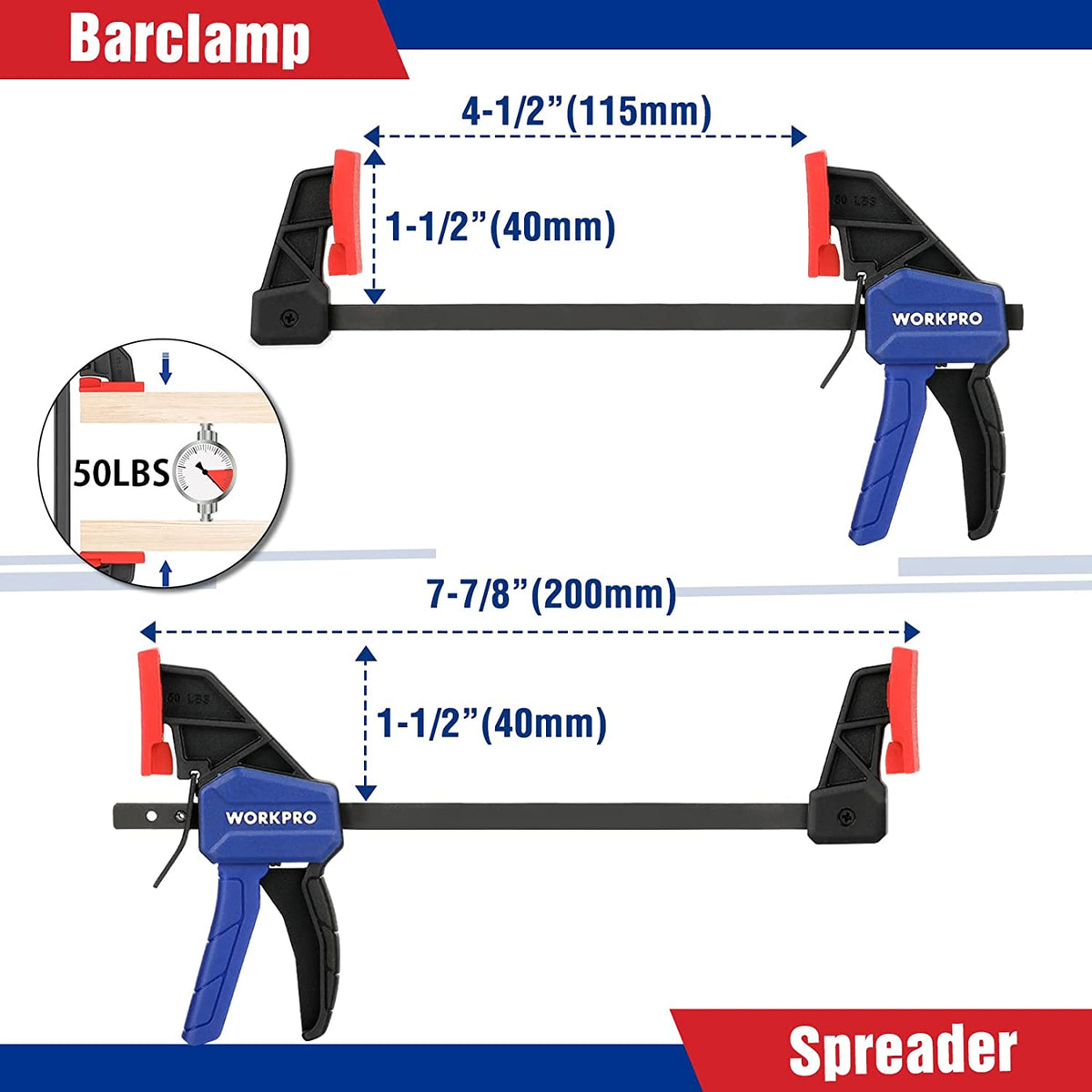 WORKPRO bar clamp set with blue handles and red quick-release caps
