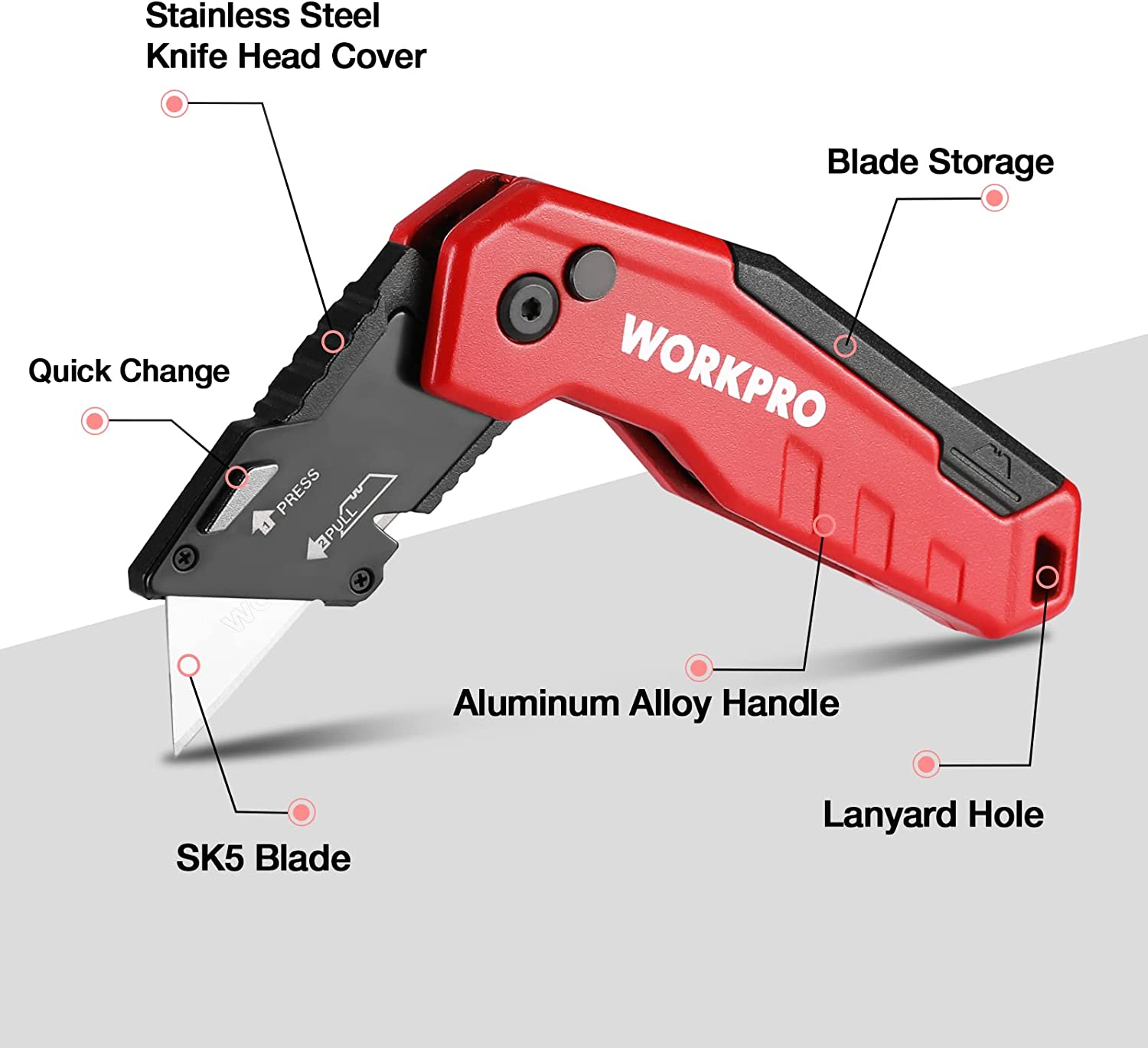 Red folding utility knife showing quick-change blade and blade storage in handle