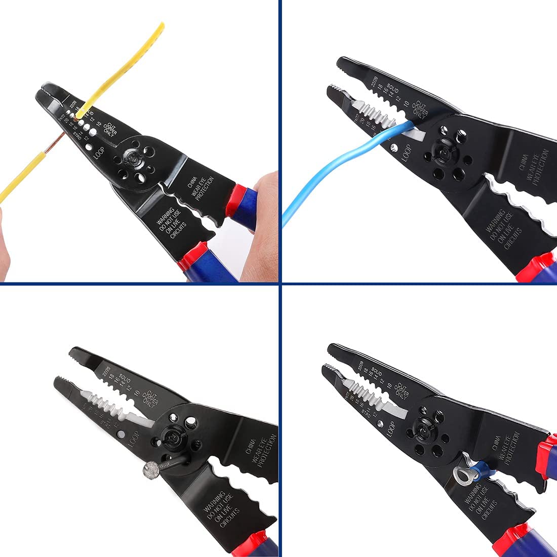 Wire stripper tool with red/blue handles and black head, stripping different wire sizes