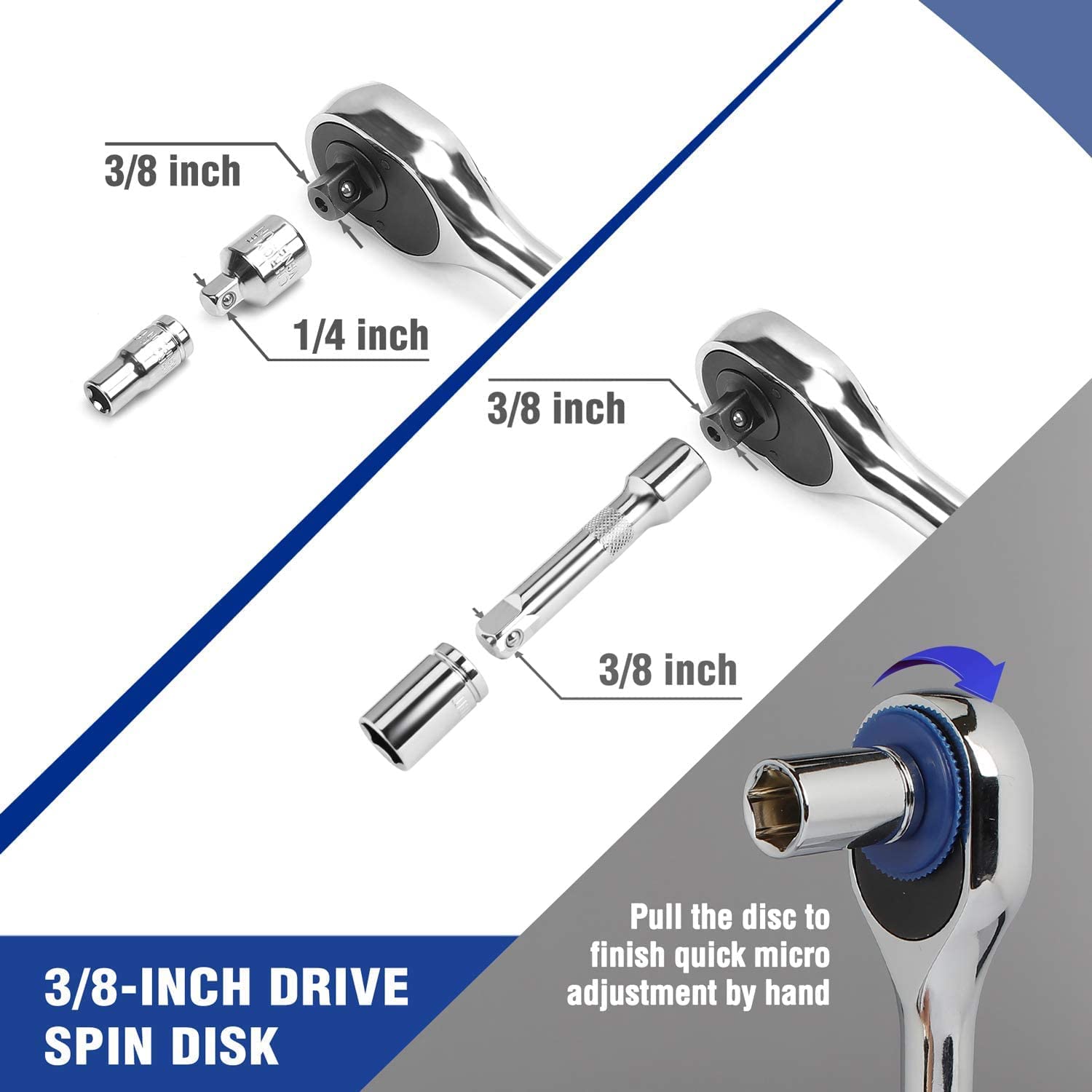 3/8-inch drive spin disk ratchet wrench with chrome handle and detachable socket driver