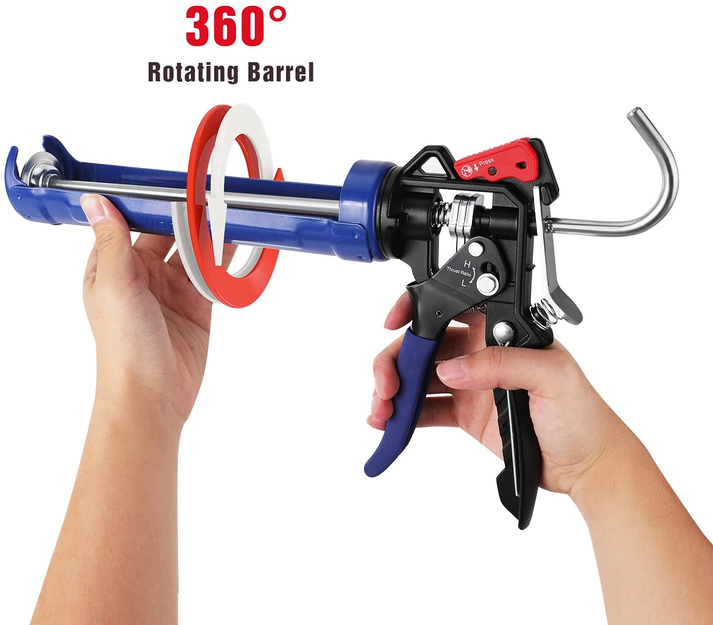 Caulking gun with rotating barrel, held by hands; 360° ring feature
