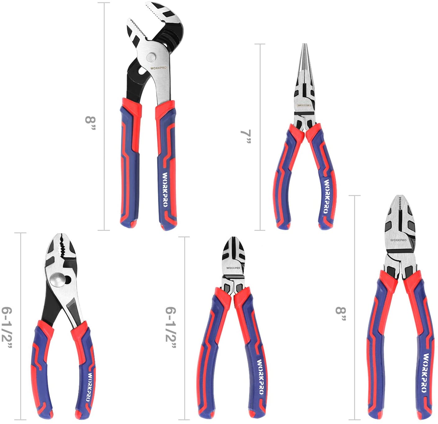 Set of 5 work pliers with blue and red handles, open-jaw pair and side views