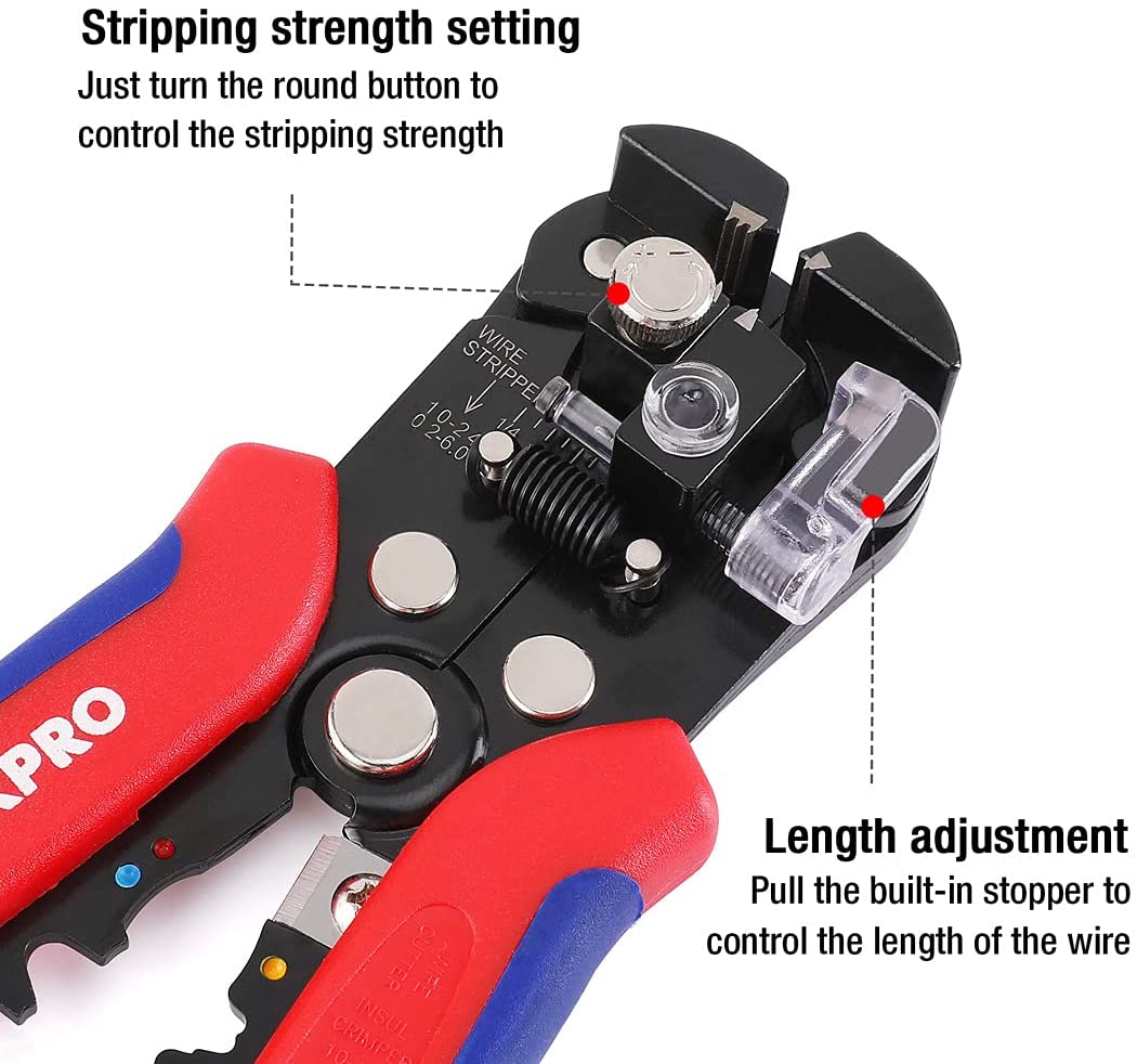 WORKPRO wire stripper with stripping strength knob and length adjustment stop mechanism