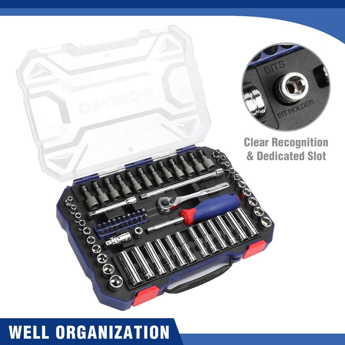 Organized 70-piece socket set in a blue case with clear socket layout