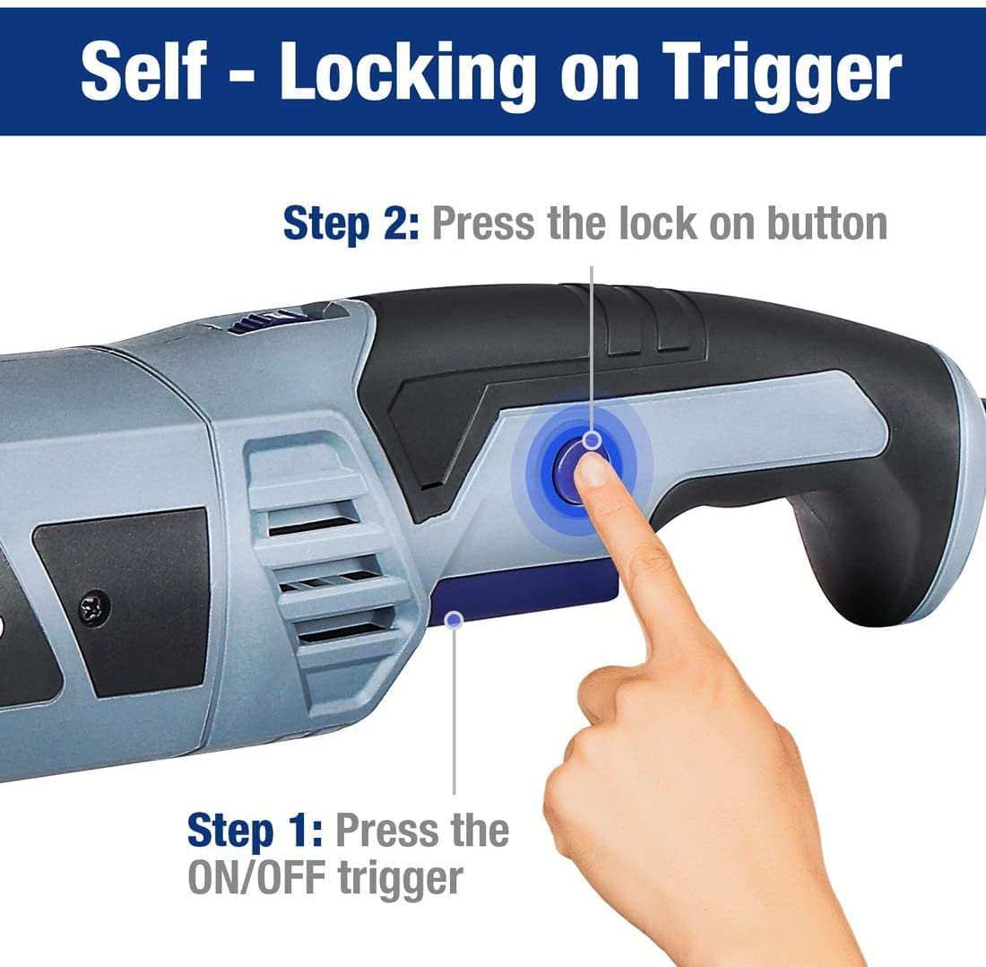 Buffer polisher handle with lock-on trigger and blue control button