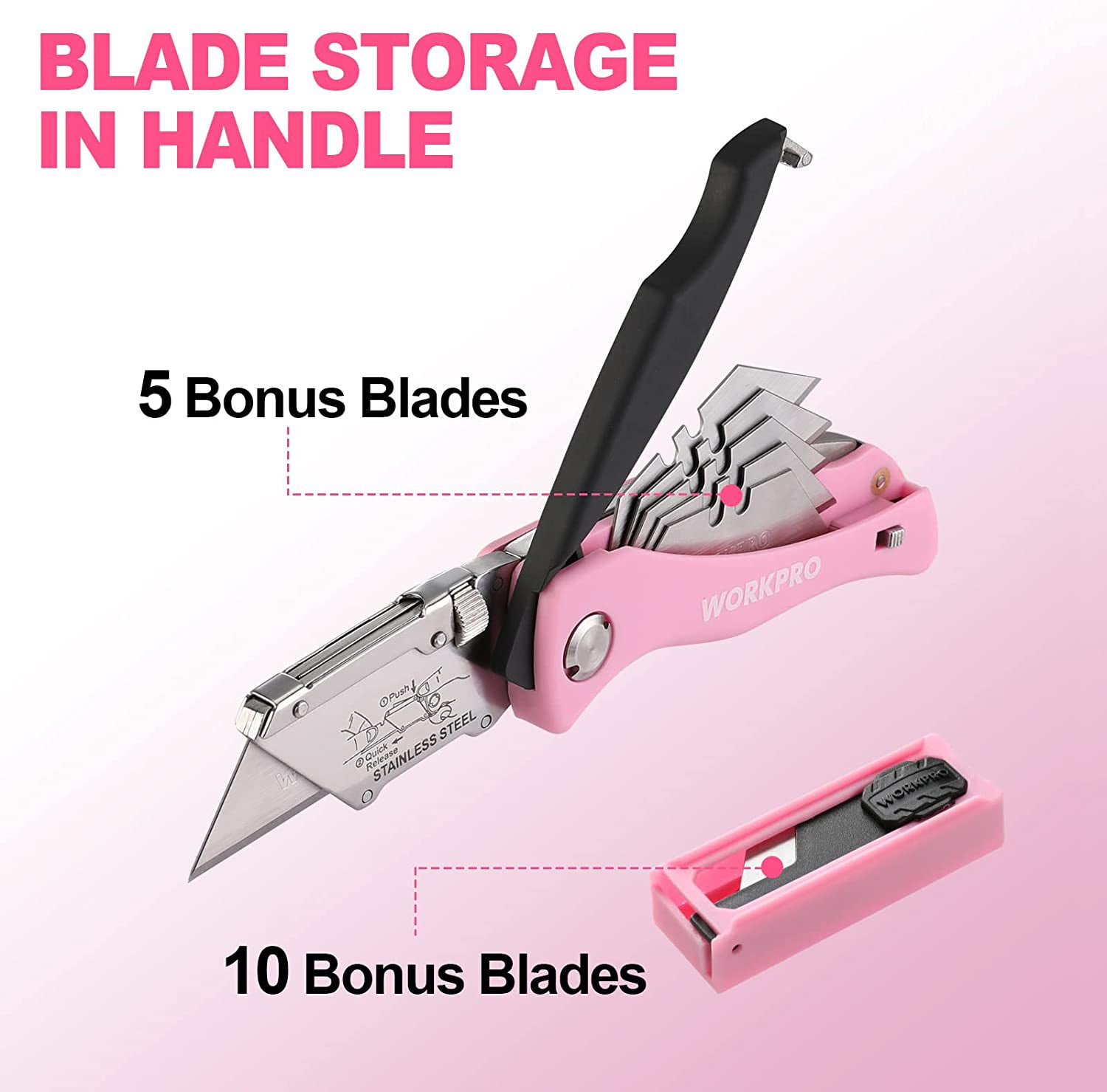 Pink folding utility knife with blade storage in handle, plus bonus blades