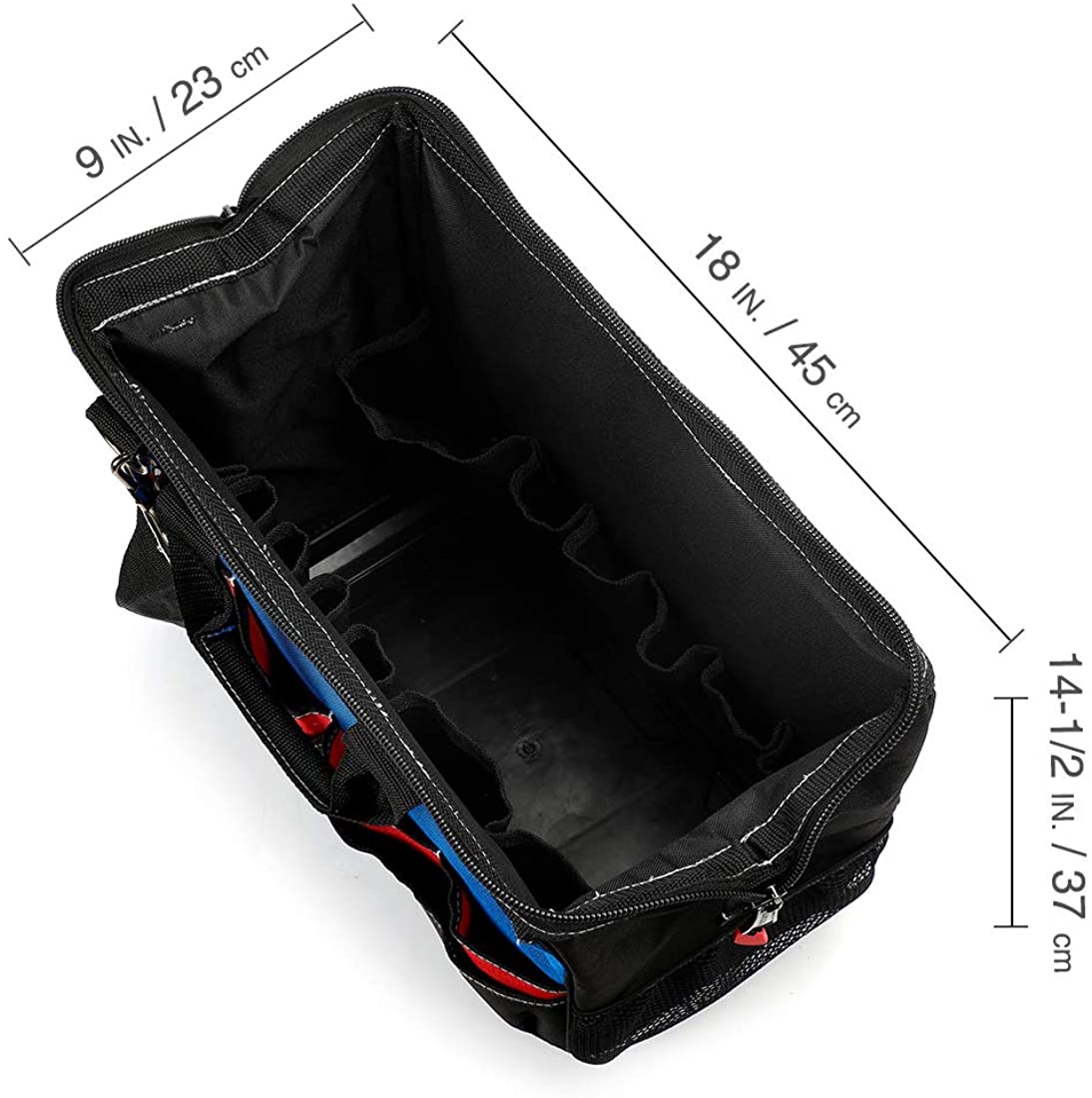 Tool bag interior with molded base, multiple elastic slots, and wide open top