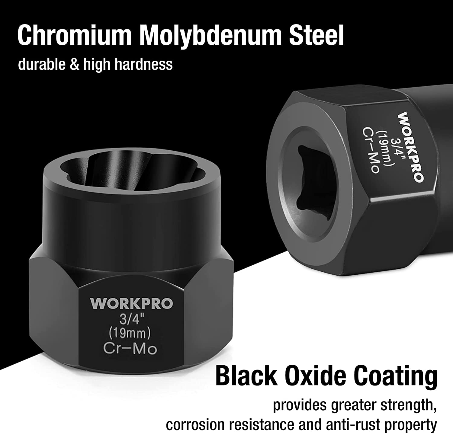 WORKPRO black impact sockets in Cr-Mo steel with black oxide coating