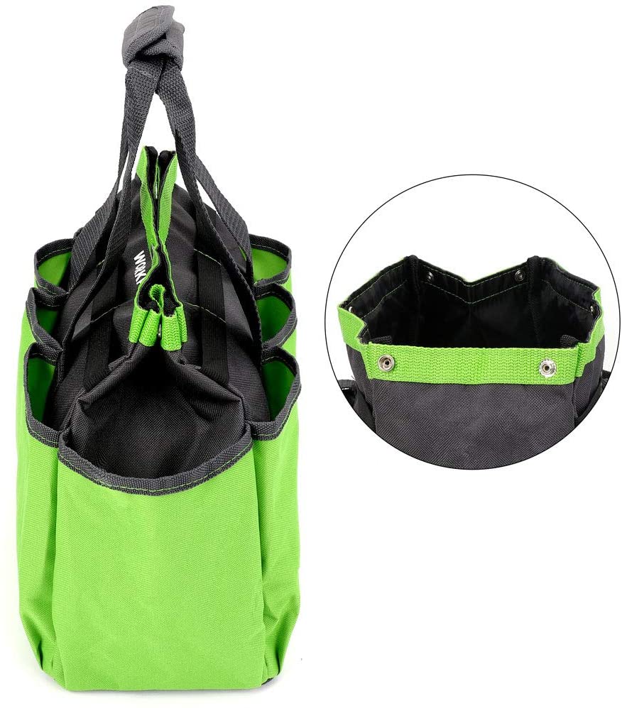 Green and black garden tote bag with open top, reinforced seams, and side pockets