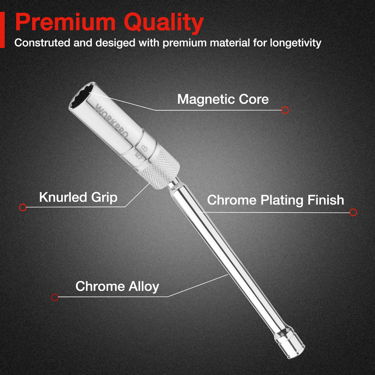Swivel spark plug socket with knurled grip, chrome alloy body, magnetic core