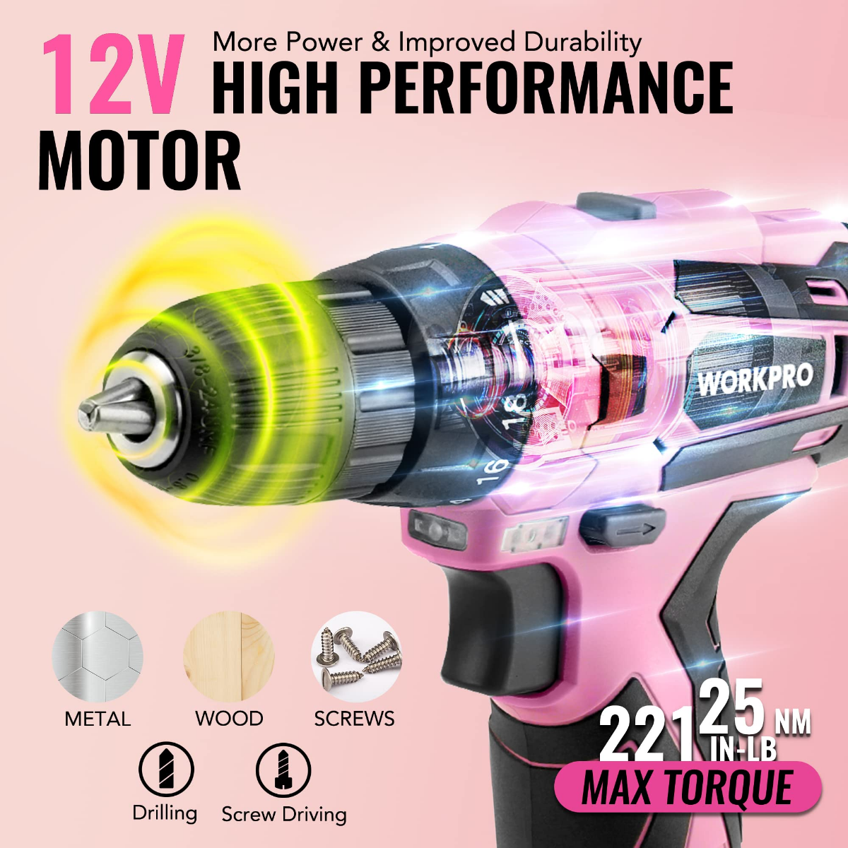 Pink high-performance cordless drill driver with metal drilling and screw driving capability