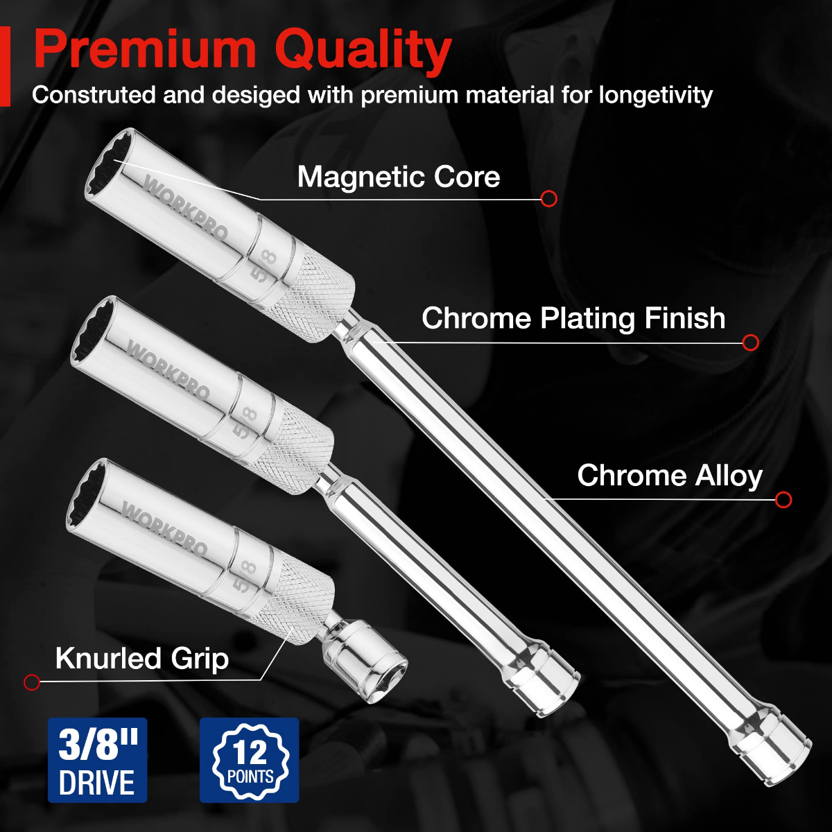 Magnetic swivel spark plug socket extensions with knurled grip and chrome plated finish.