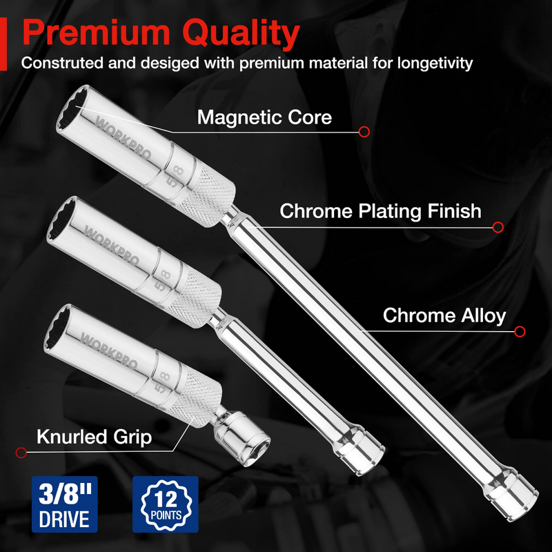 WORKPRO 6 Pcs-9/16-inch, 5/8-inch, 13/16-inch, 14MM Thin Wall Sockets with 4, 6, 11-inch Extensions Magnetic Swivel Spark Plug Socket Set