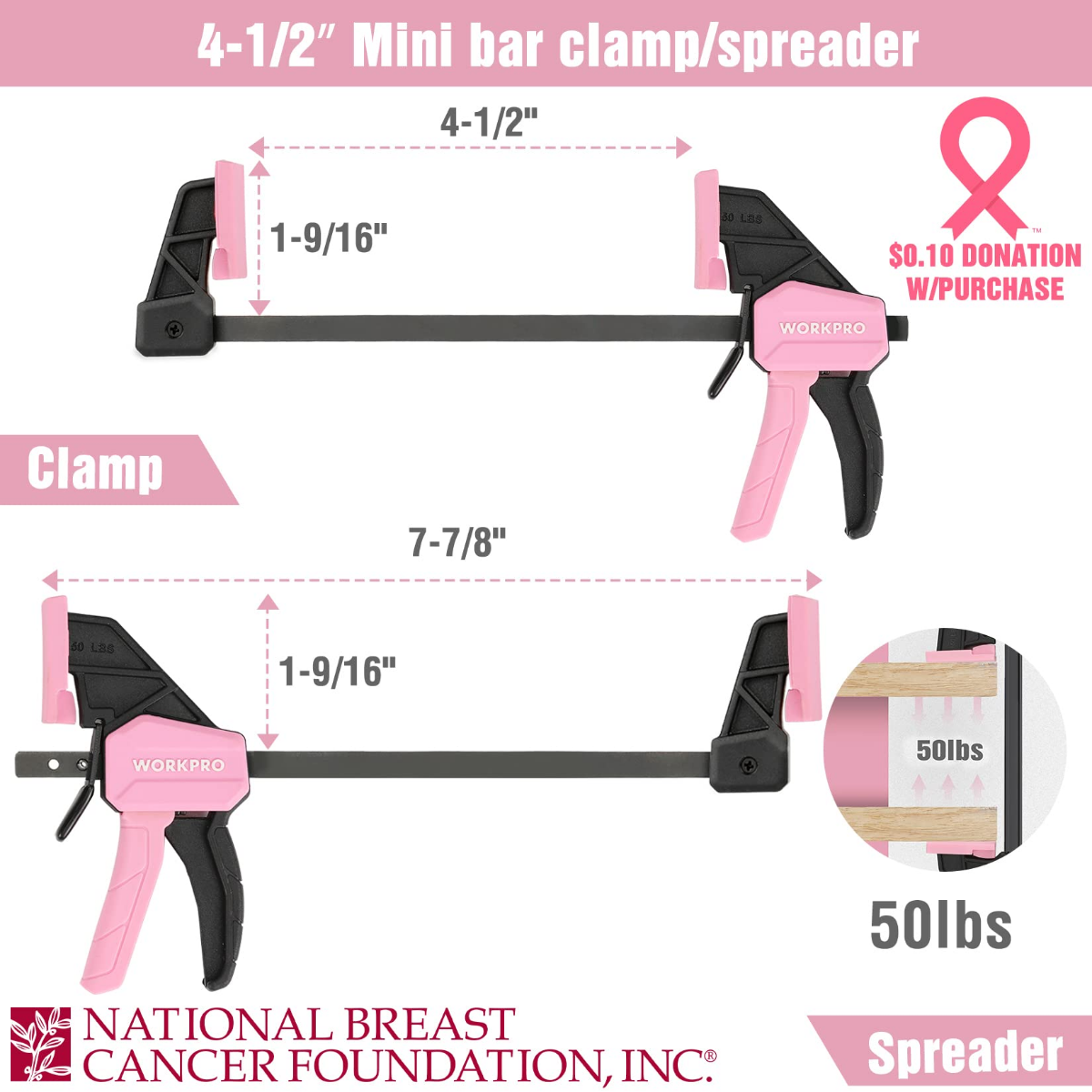 Pink mini bar clamp/spreader with black lever handle and jaw ends