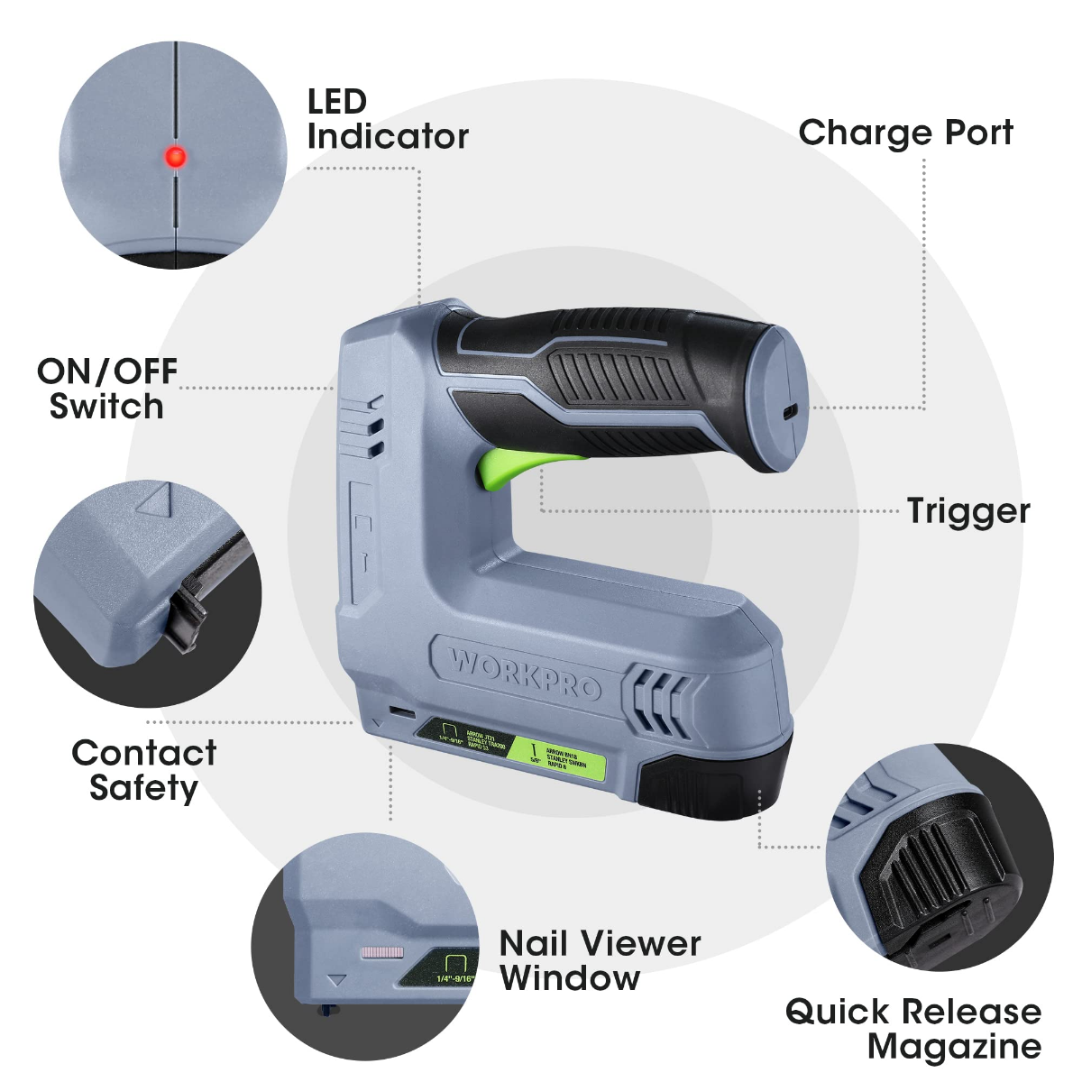 Gray cordless staple and nail gun with contact safety and quick release shown by callouts