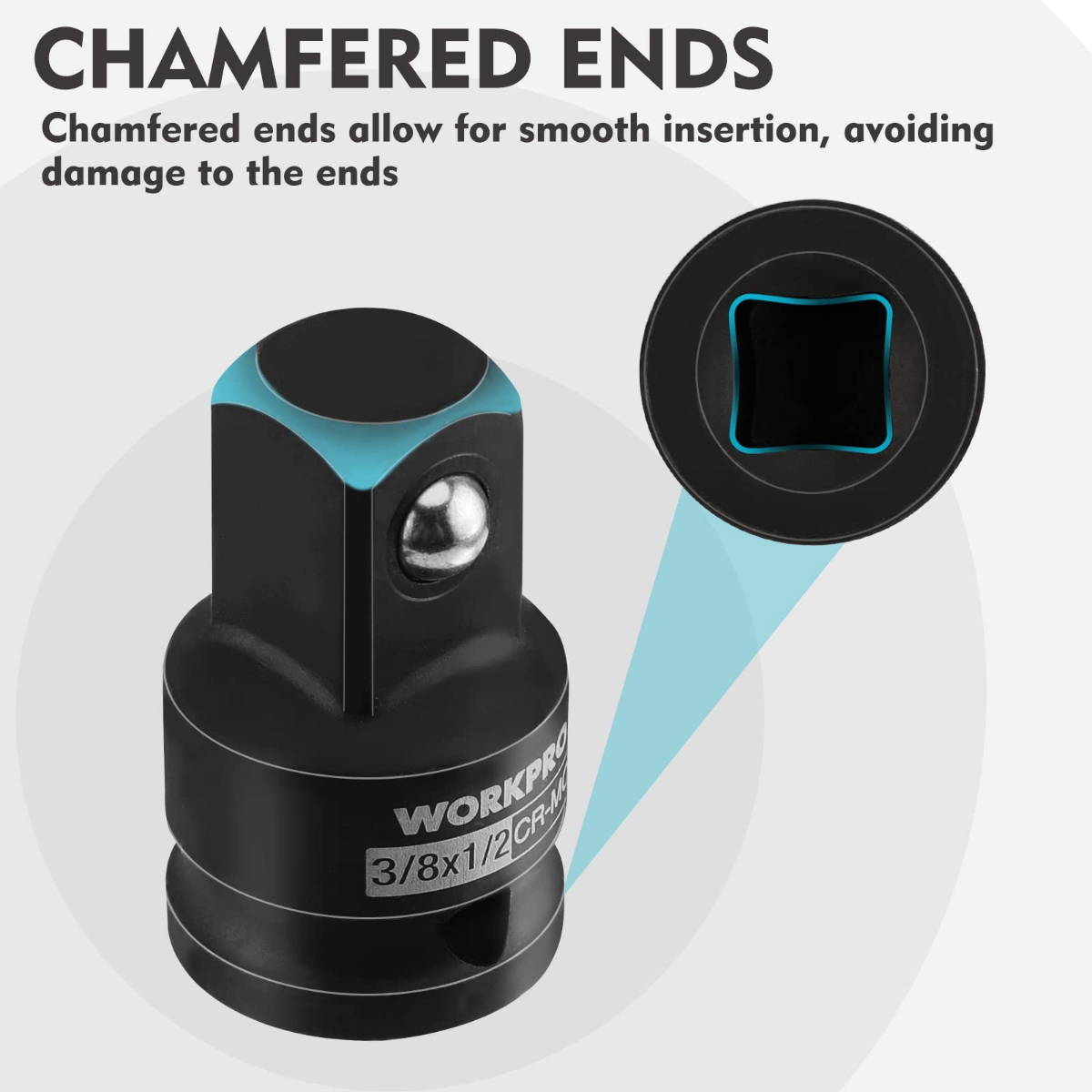 Impact driver socket reducer with chamfered ends for smooth insertion and secure contact