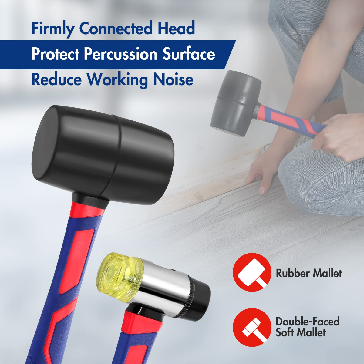 Rubber mallet with black head and blue-and-red handle; dual soft-mallet heads