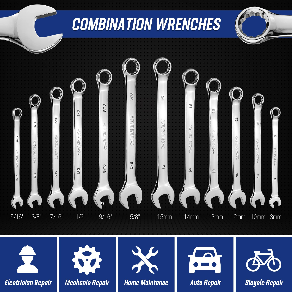 Combination wrench set with metric size markings displayed on individual wrenches