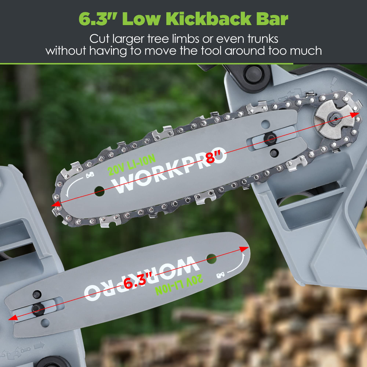 Compact cordless chainsaw guide bar and chain, 6.3 in and 8 in markings