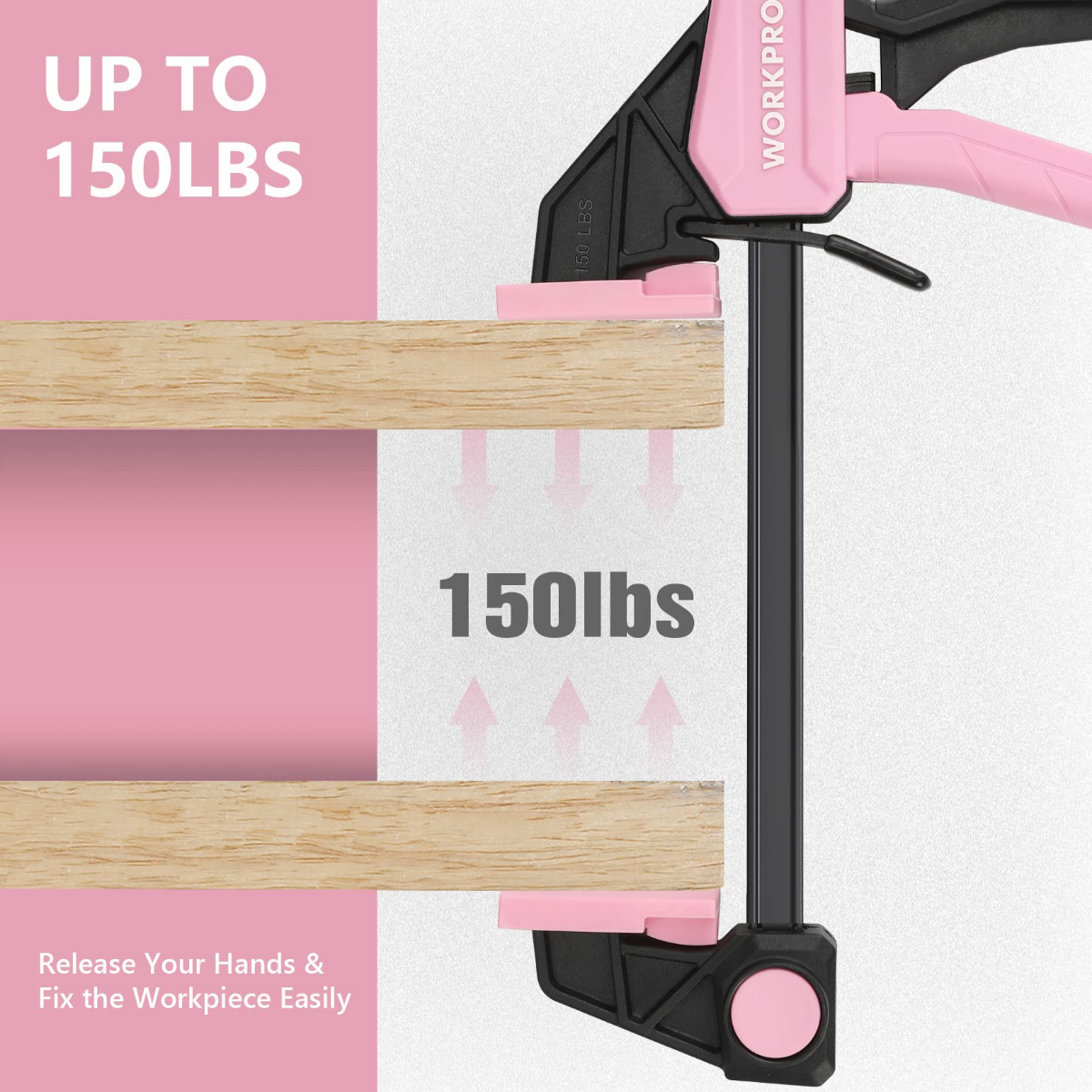 Pink one-handed mini clamp/spreader with black jaws for woodworking boards