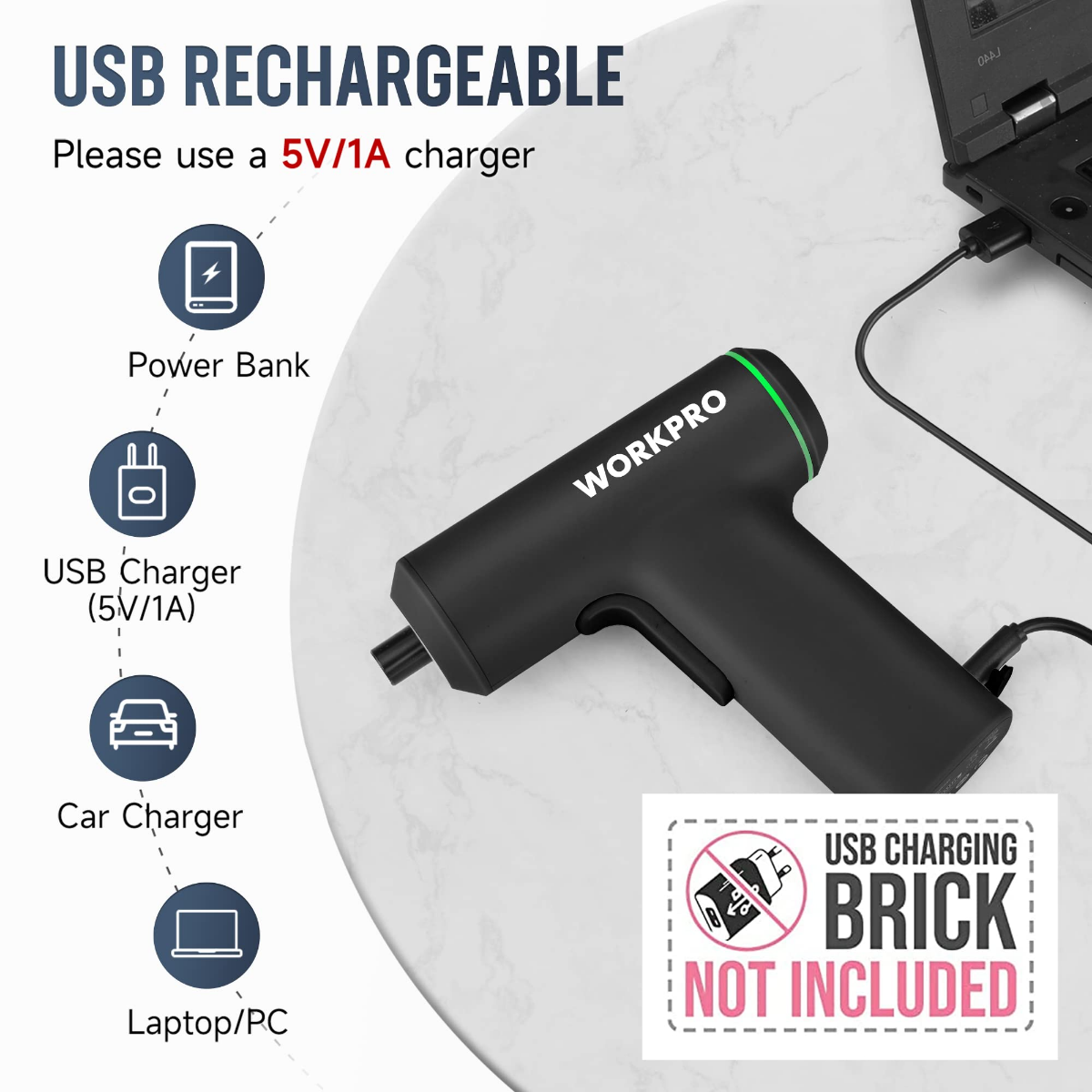 Cordless electric screwdriver, black with USB rechargeable charging connection
