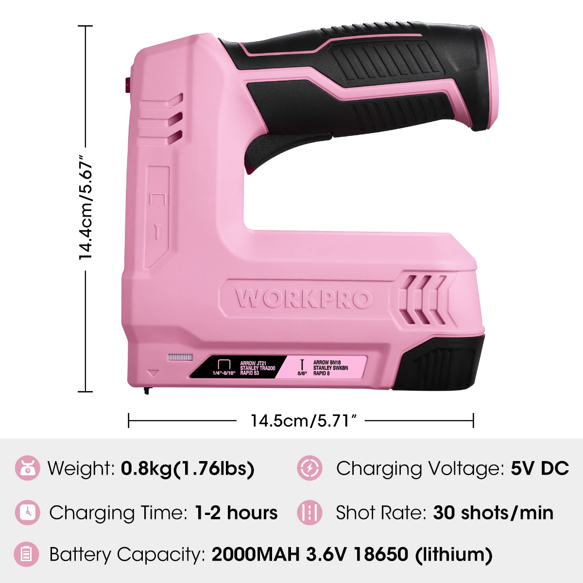 Pink and black cordless staple and nail gun front view with dimensions and specs shown