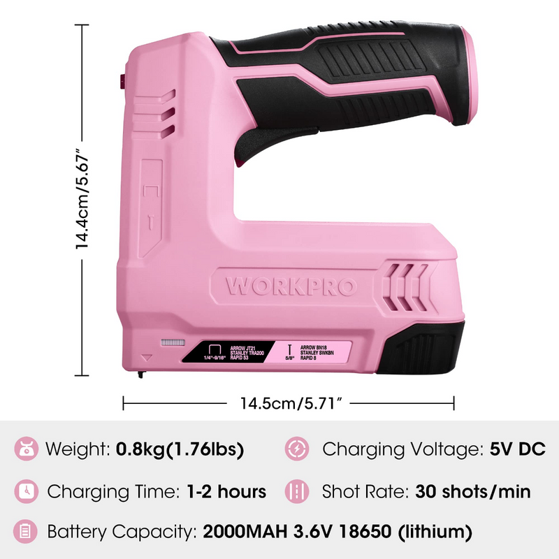 WORKPRO 3.6V 2.0Ah Battery Powered Electric Cordless 2-in-1 Staple and Nail Gun - Pink Ribbon