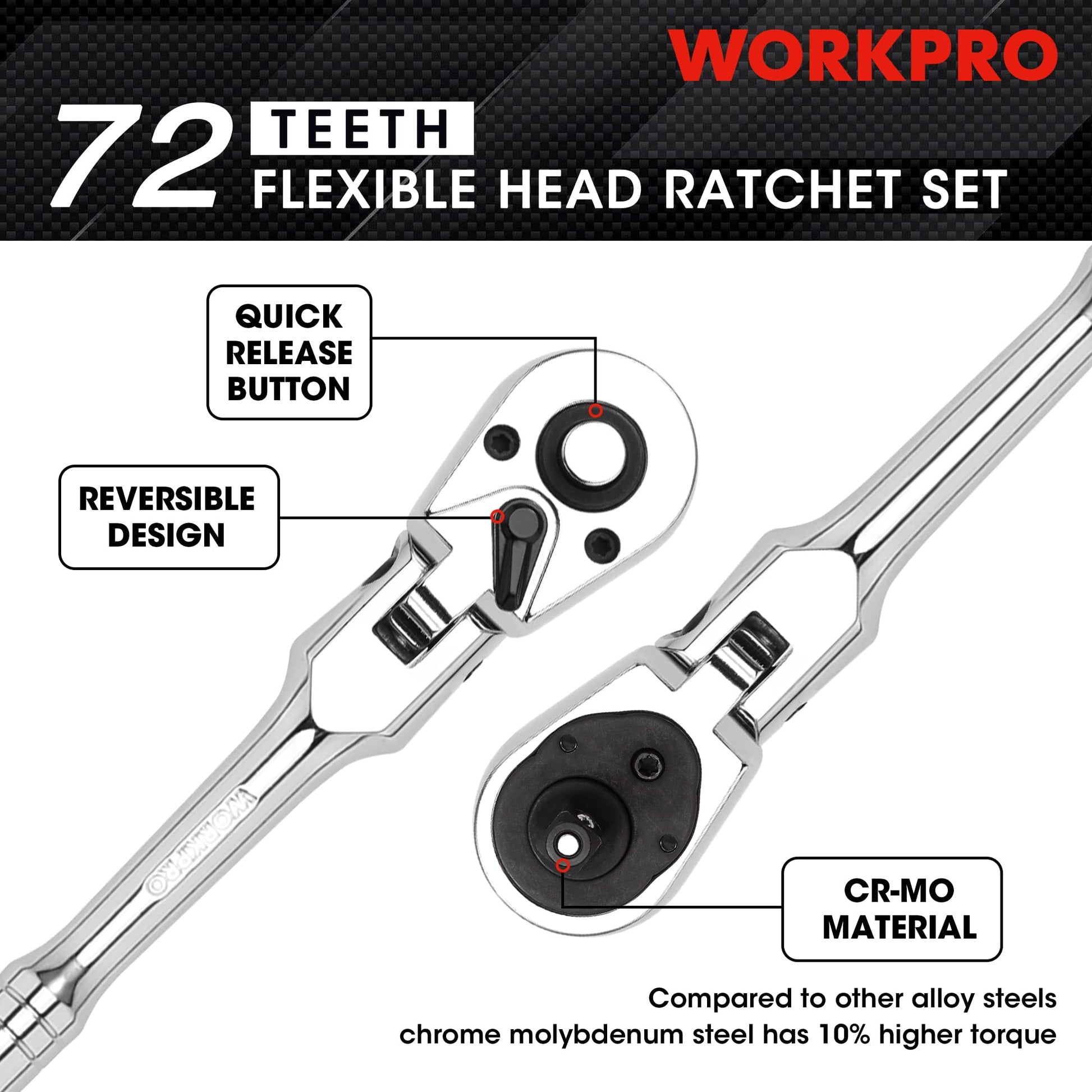 WORKPRO flex-head ratchet with reversible design and quick-release button detail