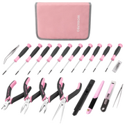 Pink precision repair tool set with zip case and assortment of pliers and screwdrivers