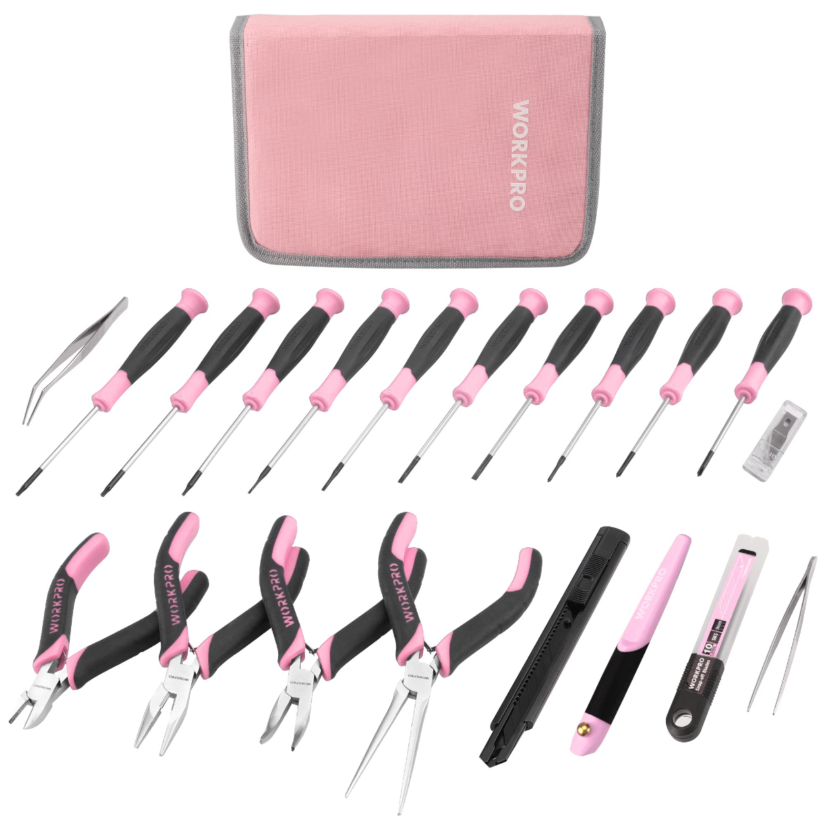 Pink precision repair tool set with zip case and assortment of pliers and screwdrivers