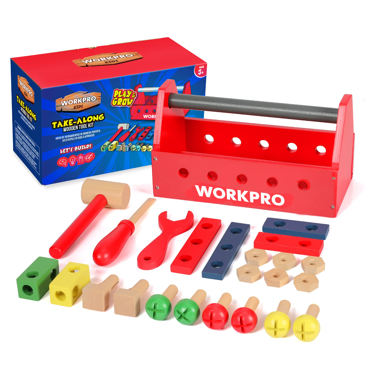 WORKPRO take-along wooden tool kit box with red tray and assorted building pieces