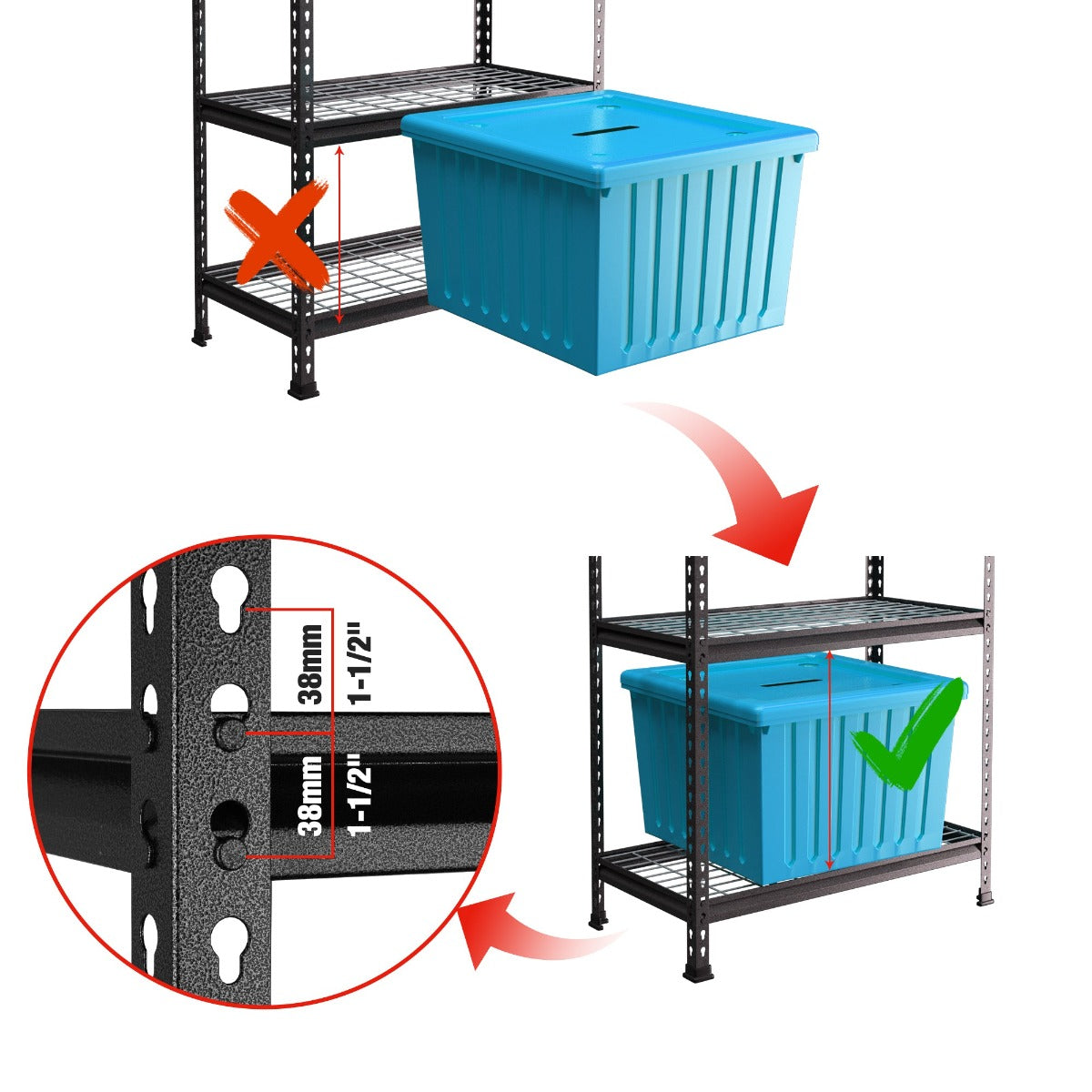 Black metal shelf rack with adjustable pin connectors and blue storage bin on wire mesh