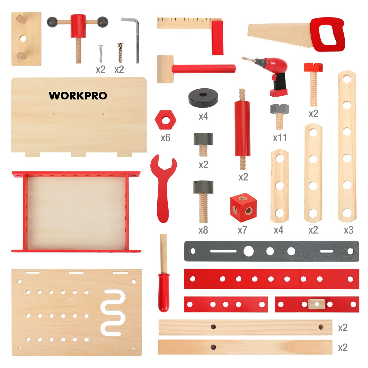 Flat lay of WORKPRO tool kit parts: screws, nuts, wrenches, and wood panels