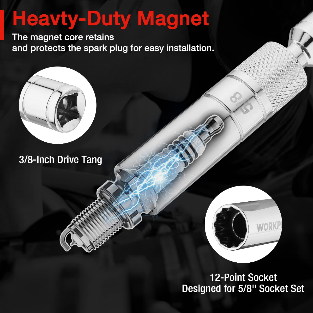 Magnetic 12-point spark plug socket with 3/8-inch drive extension and core.