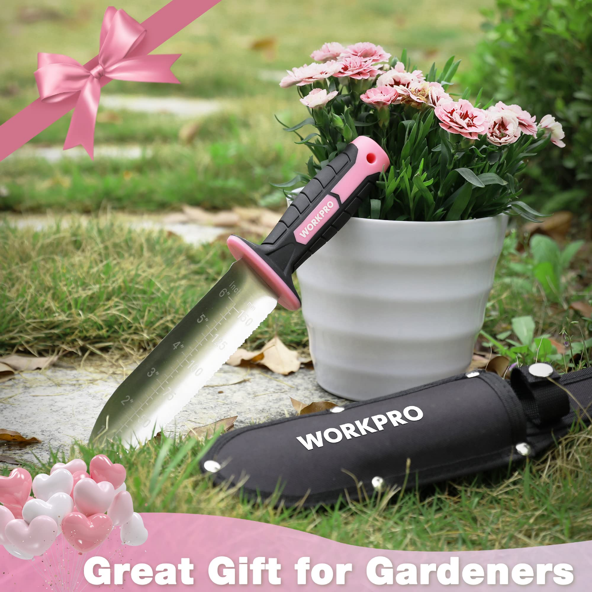 Garden knife with stainless blade and pink Oxford sheath resting in garden flowers