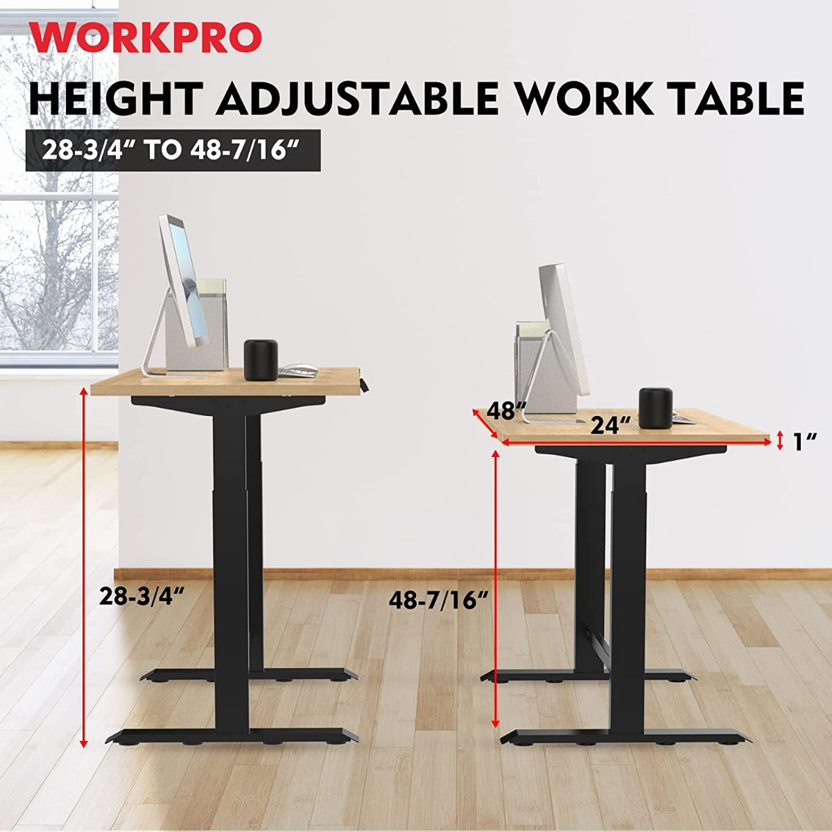 Height adjustable workbench with light wood top and black dual-motor base