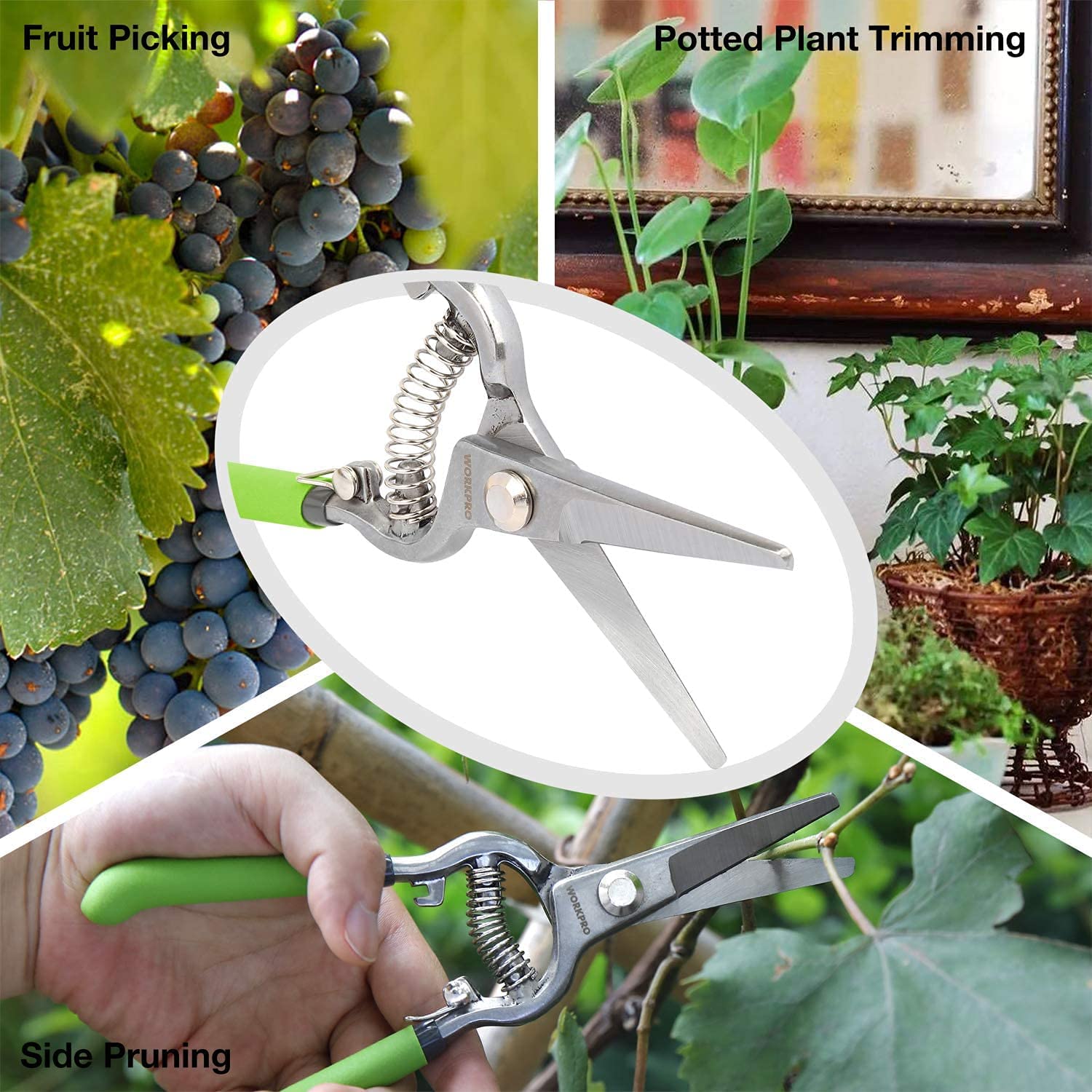 Pruning shears set in use: green handles and straight steel blades with spring assist