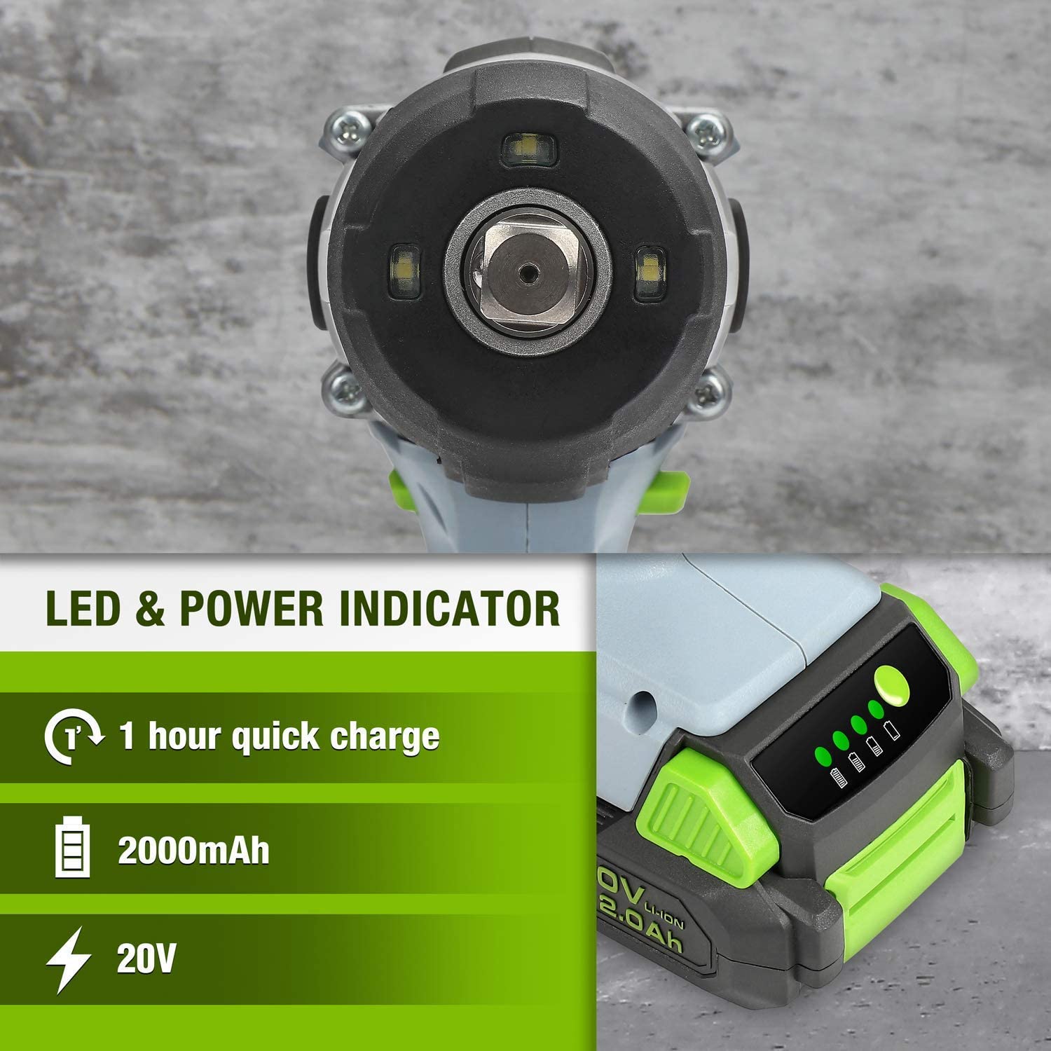20V cordless impact wrench battery pack with LED power indicator and quick charge