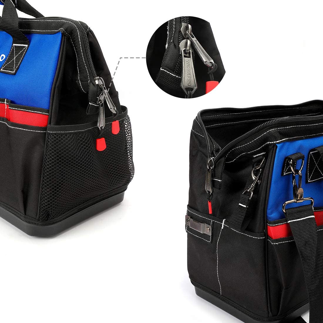 Black and blue tool bag with side zippers, panel pockets, and reinforced waterproof base