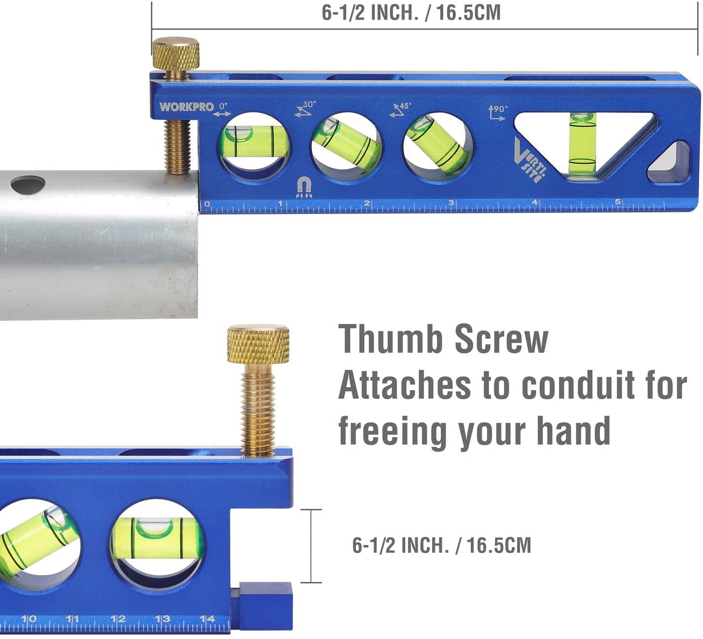 WORKPRO 6-1/2 in. aluminum torpedo level with three green vials and thumb screw