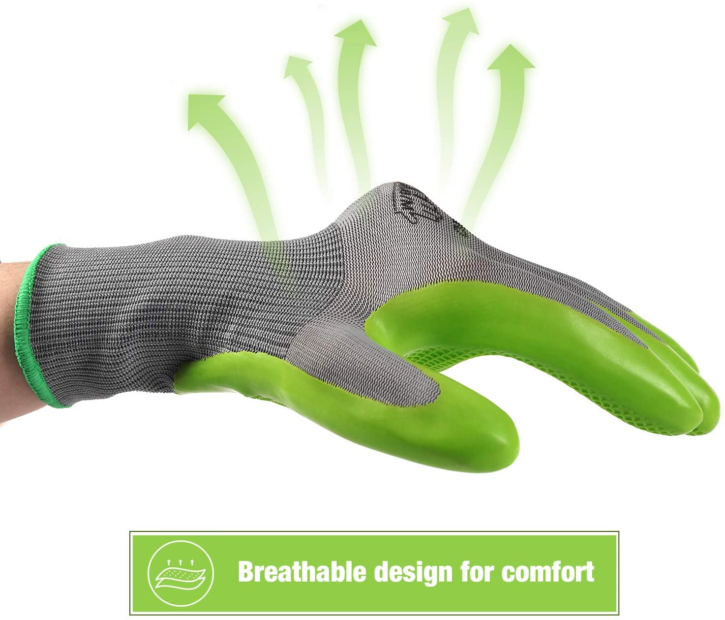 Pair of gray knit garden gloves with green latex-coated palms and fingers