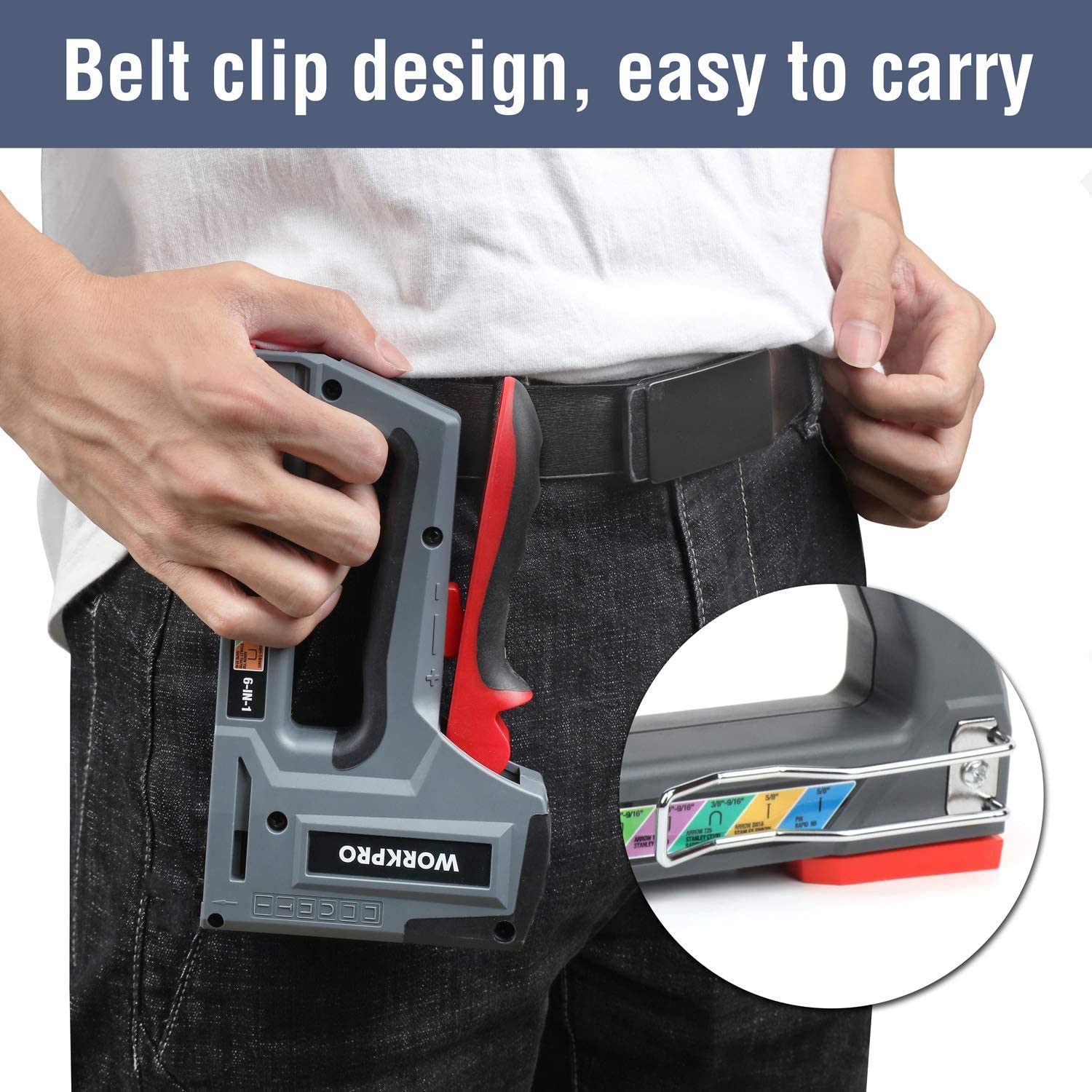 Grey and red upholstery stapler nailer with belt clip on the handle area